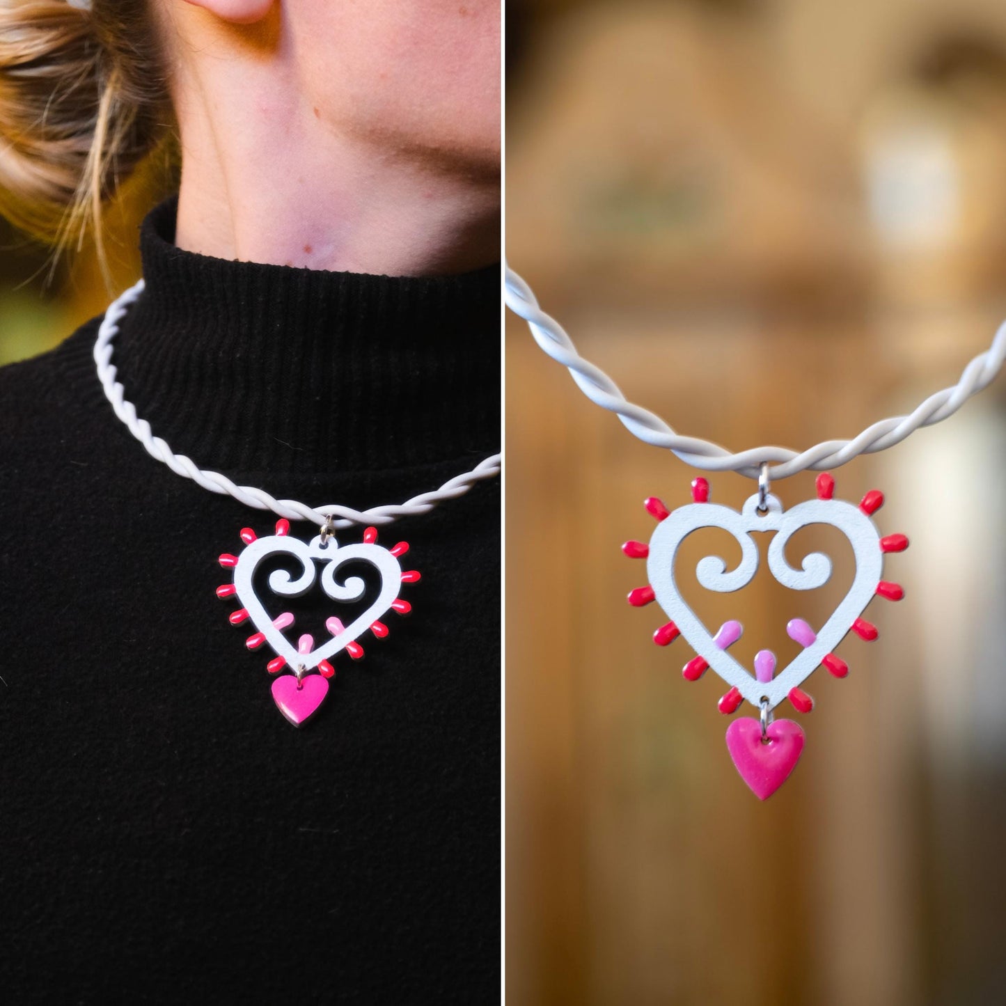 SET medio Cuore di Luce: Collana e orecchini in legno a forma di Luminaria Salentina