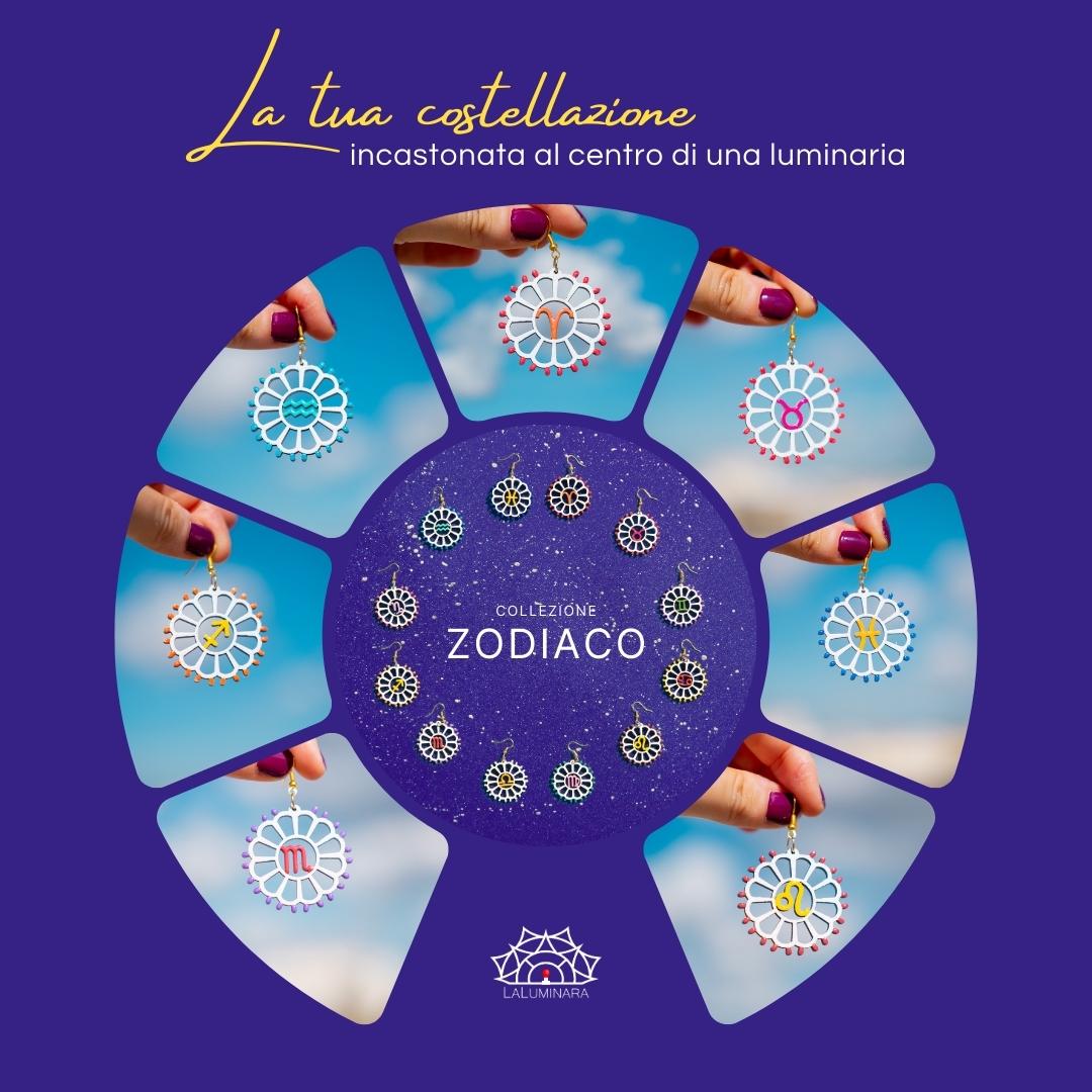 Zodiaco: Orecchini in legno a forma di Luminaria Salentina con segni zodiacali