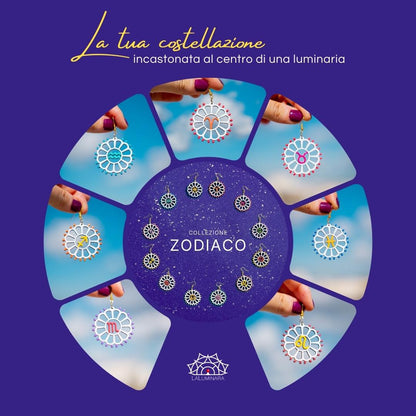 Zodiaco: Orecchini in legno a forma di Luminaria Salentina con segni zodiacali