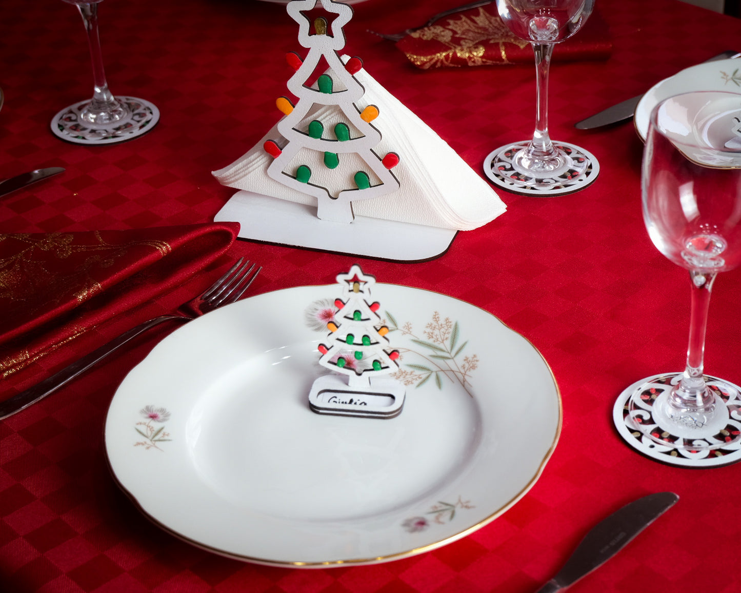 SET COMPLETO: Sottobicchieri + Segnaposto + Portatovaglioli in legno a forma di Luminaria Salentina