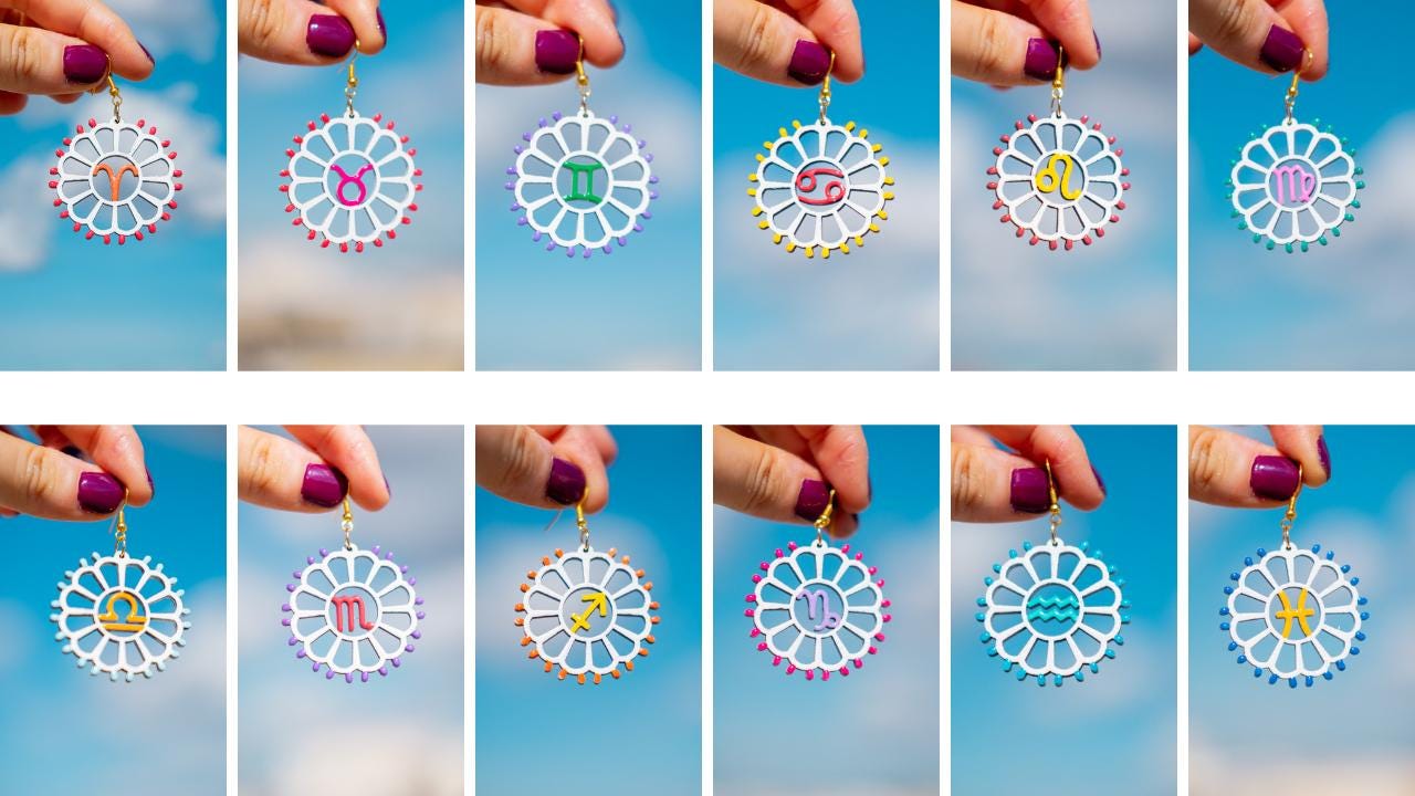 Zodiaco: Orecchini in legno a forma di Luminaria Salentina con segni zodiacali