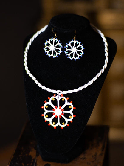 SET FIORE grande: Collana e orecchini in legno Luminaria Rosone Fiore con collier rigido
