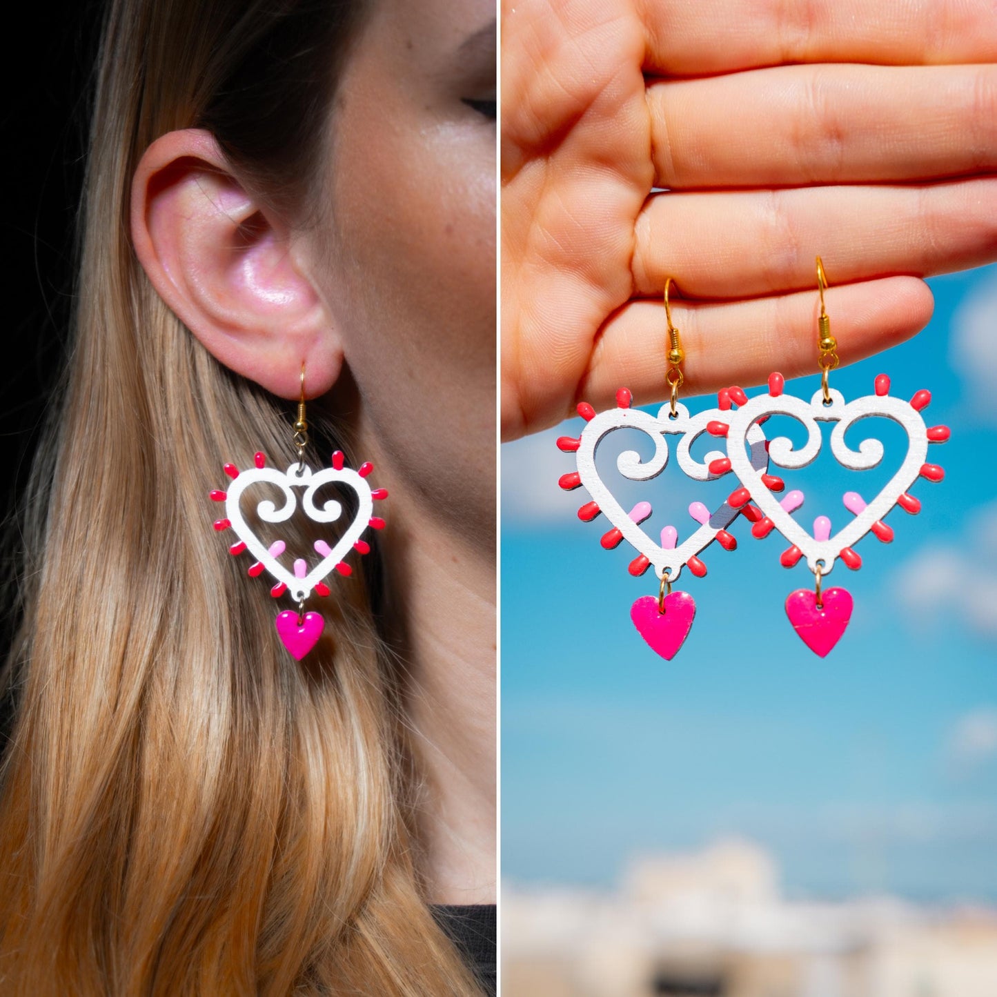 SET medio Cuore di Luce: Collana e orecchini in legno a forma di Luminaria Salentina