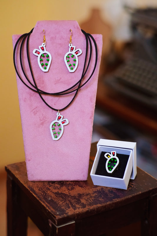 SET completo Ficodindia: Collana, orecchini e anello in legno a forma di Luminaria Salentina