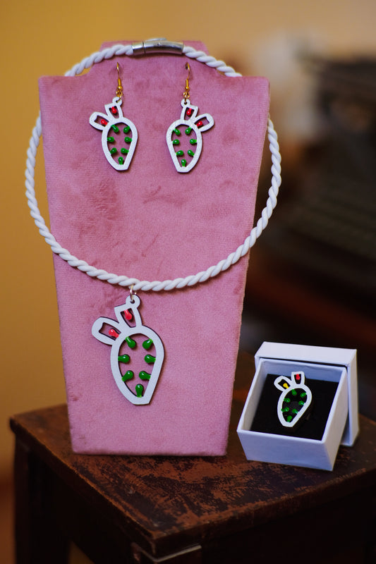 SET completo Ficodindia: Collana, orecchini e anello in legno a forma di Luminaria Salentina