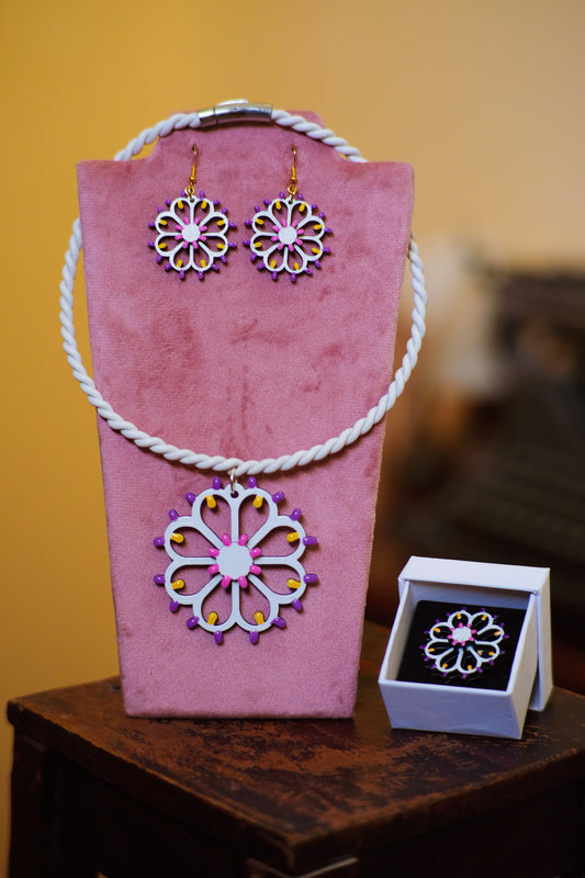 SET completo FIORE: Collana, orecchini e anello in legno Luminaria Rosone Fiore