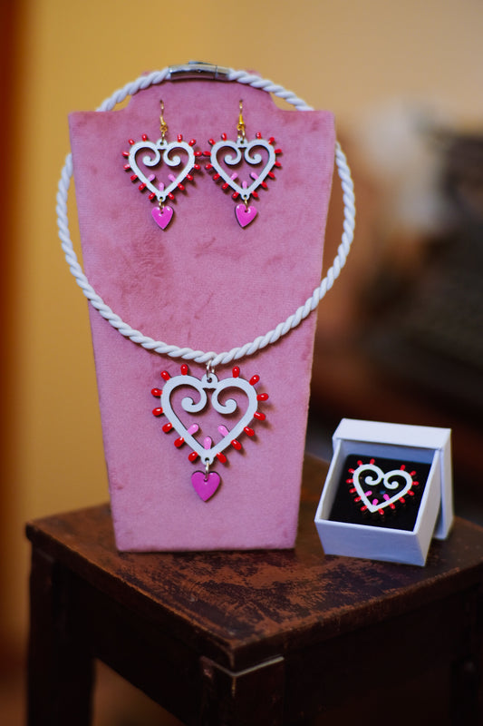 SET completo Cuore di Luce: Collana, orecchini e anello in legno a forma di Luminaria Salentina